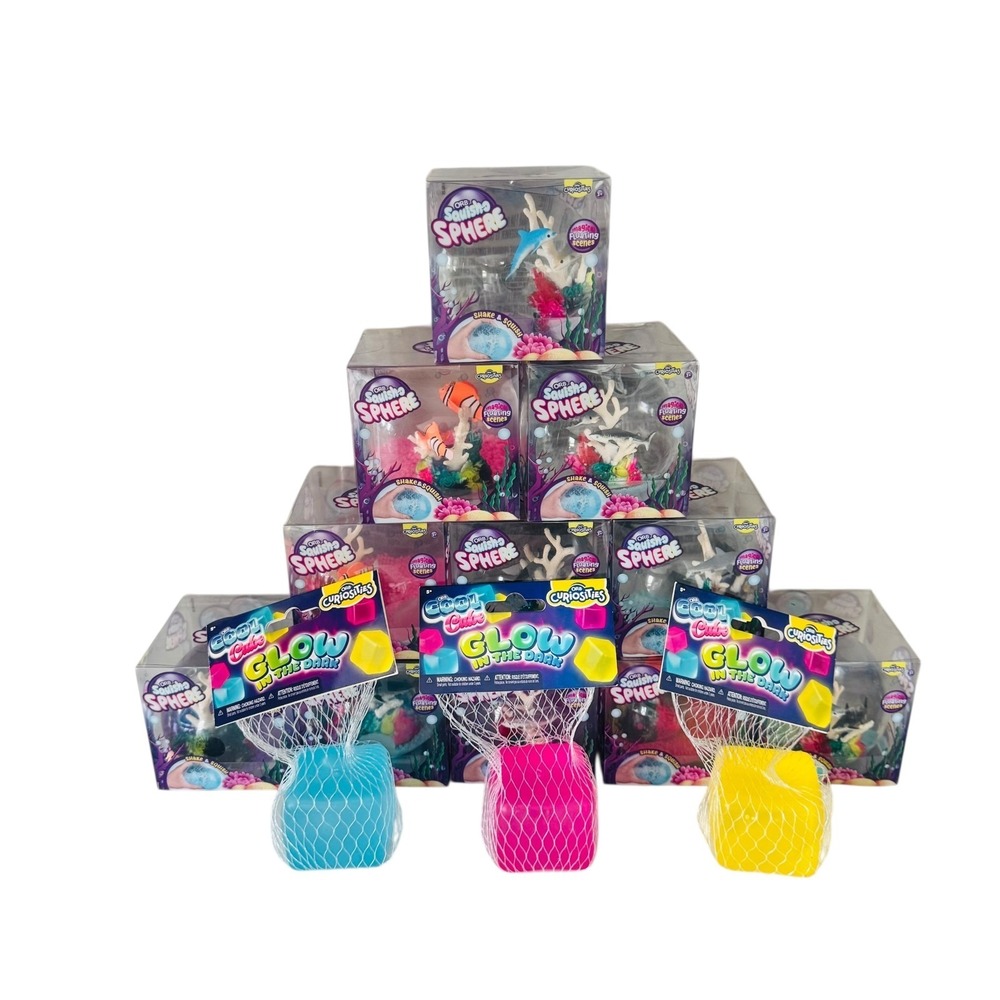 Orb Squish O Sphere Fish Sharks Floating Aquarium Scene & Squishy Glow Cube‎ 2x